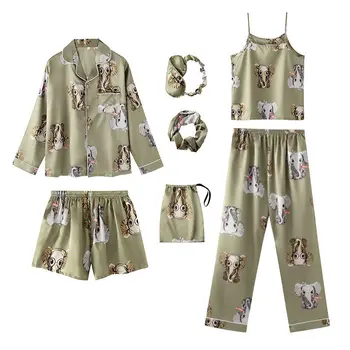 1 Пролет-есен пижама от ледената коприна, дамски тънка лятна пижама от седем предмети с дълги ръкави, къси панталони, костюми, дамски домашни дрехи