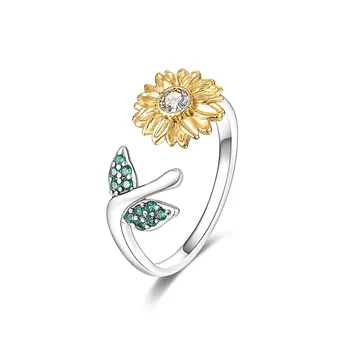 2023 Оригинален дизайн, златни открити пръстени с подсолнухом за жени, модни сребърни пръстени с цирконием S925, елегантни декорации за юбилейна партита