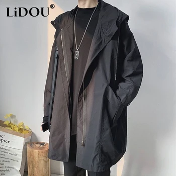 2023, пролетно-есенна однотонная яке със средна дължина, мъжко яке с качулка, джобове с дълъг ръкав, връхни дрехи копчета, модерно свободно палто в корейски стил