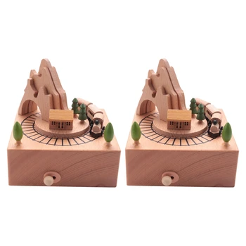 2X Дървена музикална ковчег с образа на планински тунел с малки движещи се магнитни паровозиками