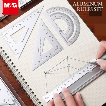 4 бр./компл. комплект алуминиеви метални линейок M & G, компас за чертане, хартия линийка, молив за студенти, канцеларски материали, черен/сребрист
