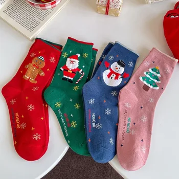 4 Двойки Коледни Чорапи В Смесен Стил, Памучни Чорапи с Шарките на Дядо Коледа от Флока, Дамски Чорапи За Момичета, Червени, Зелени Чорапи-Тръба, Чорапи Носочные на Продукта