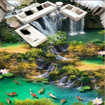 beibehang Потребителска фотография 3d рисувани стенни пол самозалепващи картина стикер на пода шаран лотос водопади живопис 3d стайни стенописи