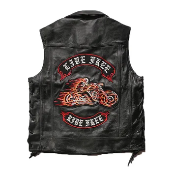 Flame Knight Club Качествена мотоциклетът ежедневни модни персонални кожено яке без ръкави, мъжки и женски жилетка от телешка кожа