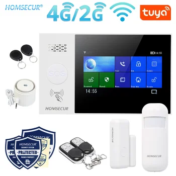 HOMSECUR 433 Mhz Безжични WIFI 4G 2G RFID SMS за Автоматично Набиране на Домашна алармена Система Сензорен Екран Сензор за Врати и Прозорци PIR Сензор Жичен Сирена