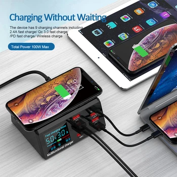 ILEPO 100 W Мулти USB Зарядно Устройство PD Бързо Зареждане на 3,0 Безжично Зарядно Устройство 8 USB Портове Бързо зарядно устройство за iPhone, Samsung, Huawei