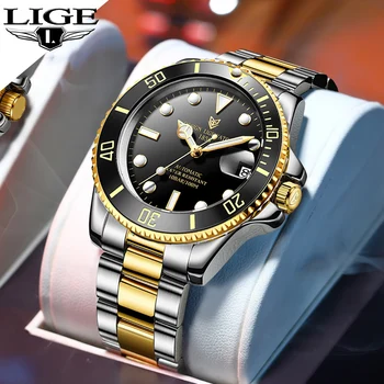 LIGE, висок клас марка, луксозни мъжки ръчни часовници, автоматични механични часовници е от неръждаема стомана, водоустойчив мъжки часовник с дата Relgio Masculino