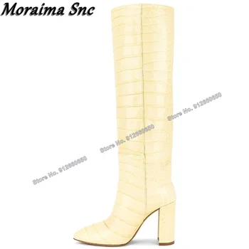 Moraima Snc / Дамски обувки без шнур с принтом жълт камък; Ботуши до коляното на дебелите токчета-висок ток; Обувки за Подиум на Високи Токчета; Обувки на токчета