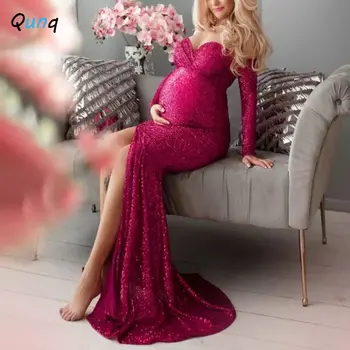 Qunq в Есенно-зимната нови дрехи за бременни, бельо однотонное сетчатое рокля с пайети и висока талия с цип, рокли за бременни, ropa de maternidad