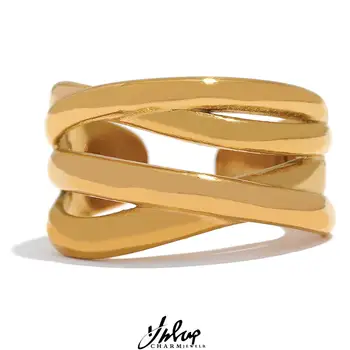 Yhpup, метална оплетка литое пръстен от неръждаема стомана с широк златен покритие, мода водоустойчив бижута за жени
