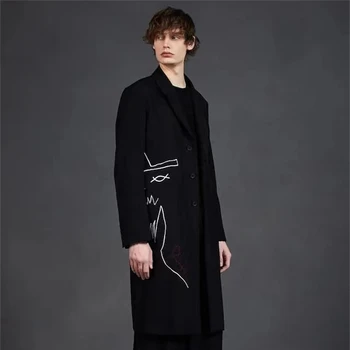 Yohji Yamamoto палто, пролетно-есенна ветровка с бродерия, прост стил за мъже и жени, ежедневна мода, средната дължина е безплатна