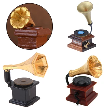 Аксесоари за мини-фонограф 1:12, ретро грамофон с рекорд, миниатюрни мебели за куклена къща 