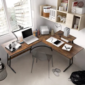 Бюро за домашния офис, модерен компютърен маса L-образна форма, кафяв работен плот, стои маса, компютърно бюро