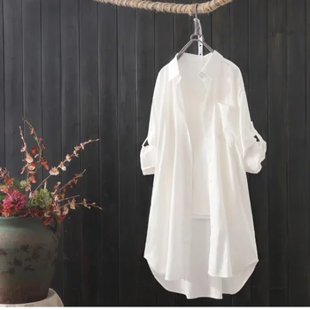 Бяла риза Дамски 2023 Пролет лято Корейската мода Прости обикновена дълги ризи Женски свободни дишащи ризи midi и блузи