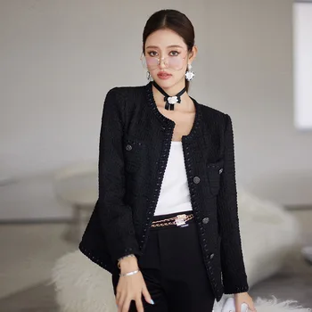 Висококачествено дамско черно яке във френски стил, елегантна есенна вълна яке 2023, дамски модни твидовая яке, дамски връхни дрехи