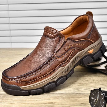 Градинска ежедневни обувки от естествена кожа за мъже, висококачествени туристически обувки, мъжки лоферы без закопчалка, размер 38-45, мокасини