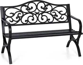 Градинска пейка с метална рамка от чугун, уличен стол-пейка с облегалка в цветарски дизайн, решетчатое седалка за парк, двор и веранда, черен
