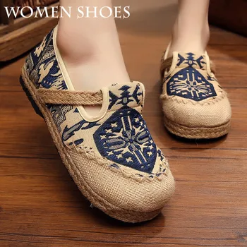 Дамски обувки, изработени от памук и лен, с кръгло бомбе, дамски обувки в етнически стил, есенна тъканно обувки, обувки с бродерия, бельо обувки