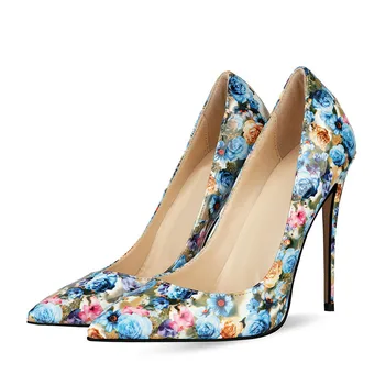 Дамски обувки-лодка с флорални принтом, обувки от лачена кожа на висок ток, красиви плитки дамски обувки големи размери, сини сватбени обувки с цветен модел