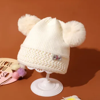 Детски шапки, сладки шапки с двойно топче, топло вязаная шапчица за момичета най-високо качество, зимни руното розова шапчица за момичета, деца на възраст 6-36 месеца