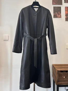 Дизайнерско винтажное палто от агнешка кожа, с кръгло деколте и каишка на кръста, дамски новата есенна мода, луксозни кожени палта, кожени тренч