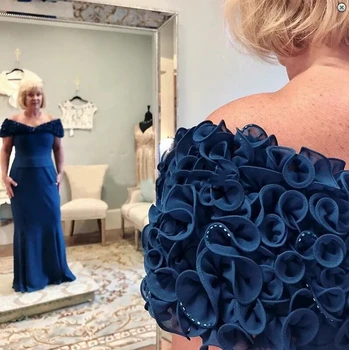Дълга тъмно Синя рокля с открити рамене, за майката на Булката 2024, Големи Размери, 3D, Бродирани Флорални Мъниста Сватбени Рокли За Гости, Реколта