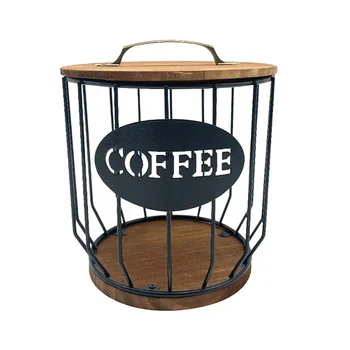 Държач за кафе с дървен капак, голям кош за съхраняване на кафето, през цялата калъф за притежателя на кафе за тезгяха, черен