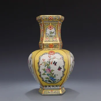 Емайл Qianlong, цветна, златна, цветя и птици, плосък ваза на шест квадратни метра, стария порцелан, колекция от стари порцелан