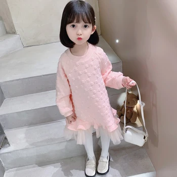 Есенното облекло 2023 г., нова рокля с дълги ръкави за момичета, детски дрехи в западен стил, роклята е от чист памук, корейската версия на детския