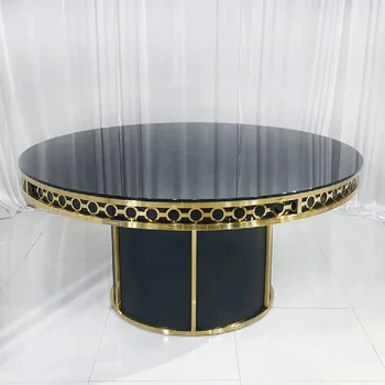 Използвани рама от неръждаема стомана с кръгла горна част, 8 места, черно банкетна сватбена маса