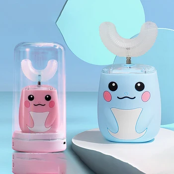 Интелигентна автоматична електрическа четка за зъби U-образна форма на 360 градуса за деца, детска звукова четка за зъби с анимационни модел, USB със светлина
