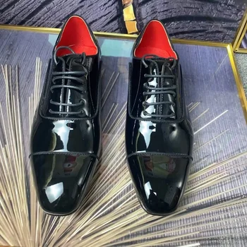 Италианската модна черни обувки от лачена кожа, мъжки социална обувки, луксозни oxfords дантела, дишащи мъжки модел обувки, безплатна доставка
