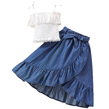 Комплект летни детски дрехи за момиченца от 2 теми, модерни бели памучни блузи за деца + дънкови поли, бутик за детски дрехи BC2223