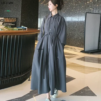 Корейски пролетта дълъг тренч за жени 2023, однобортное модно рокля-ветровка с ревери нов цвят, женско палто с колан