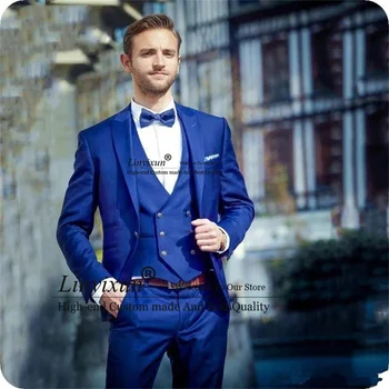 Красивите мъжки костюми на кралския син цвят, приталенные смокинги с ревера, смокинги за младоженеца, абитуриентски бал, сватба, 3 предмет, бизнес сако, мъжки костюм, Homme