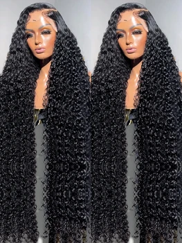 Къдрава перуки, изработени от човешка коса 40 инча 13x6 HD Дантелени предни перуки за жени вълна вода Прозрачен 360 бесклеевой пълен завързана перука, предварително откъснато