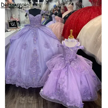 Лилави дантелени буйни рокля топка рокля 2023 Апликация от мъниста лък с открити рамене рокля за парти в чест на рождения ден на Vestidos De 15 Años