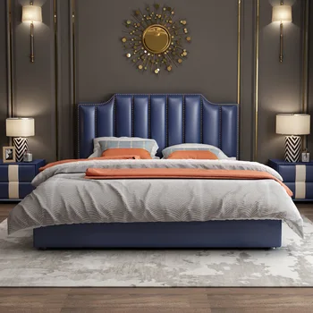 Луксозна кожена легло в скандинавски стил, модерна проста двойно легло, основна спалня, сватбена легло, 1.8 м, малък семеен окото, Червен мека легло