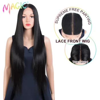 Магически 32-инчов супер дълга права перука, натурална средната част, черна перука, термоустойчиви синтетични дантела перуки за черни жени