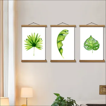 Модерни прости картини с скролиране, зелени листа, отпечатани на платно в рамка от масивна дървесина, плакати с листа и щампи, декорация на дома