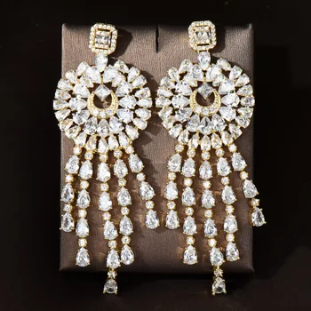 Модни пълни кубични циркониеви обеци с покритие от бяло злато, кръгли висящи обеци за жени, сватбени бижута, бижута E-1056