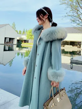 Модно страхотно дамско вълнена палта от естествен кашмир, луксозни палто с качулка от естествена лисьего кожа D041