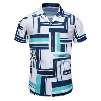 Мъжка тениска с контрастиращи принтом, однобортный случайни топ в хавайски стил, с къс ръкав, приталенная градинска дрехи на райета, мъжки дрехи