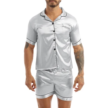 Мъжки домашни дрехи, пижамный комплект от шелковистого сатен, однотонная тениска с къс ръкав и копчета, в началото на с еластичен колан, боксови шорти, пижами