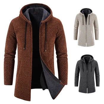 Мъжки дълъг яке, зимна пуловер, жилетка, пролетта вязаное палто с качулка, стилно флисовое палто Y2K Hombre