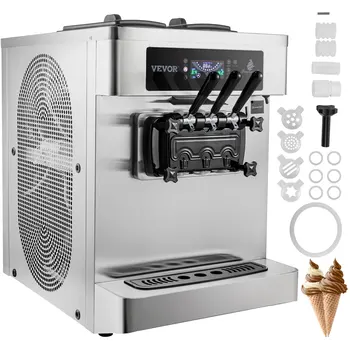 Настолна машина за приготвяне на сладолед VEVOR с предварително охлаждане, производителност 2450 W, 20-28 л/ ч, Машина за приготвяне на сладолед с 2 + 1 вкус и две силози с обем 7 литра