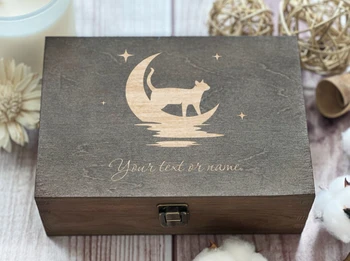 Персонални дървена ковчег с котка и Луната, направени по поръчка дървена кутия за спомен, подарък за фен на котките, кутия за памет, един незабравим подарък за любовник на домашни любимци
