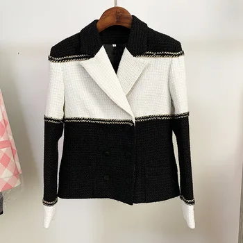 Пролетно-есенни женски твидовое палто за подиума, модерен черно / бяло сако в стил мозайка, якета за жени A996