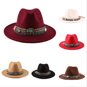 Ръчно изработени с широка периферия, каубойски 2022 Фьодор фетровая шапка Джаз етническа Лента декор мъже, жени, карнавални шапки за унисекс