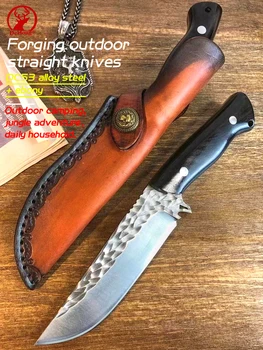 Ръчно коване походный ловен прав нож DC53 от легирана стомана + черно дърво тактически нож за оцеляване в джунглата приключение нож за самозащита